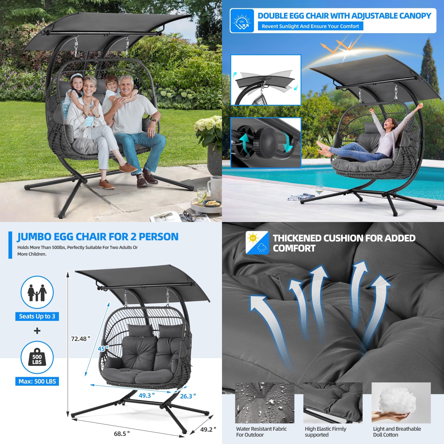 Hanging Egg Chair - Oversized Double Egg Chair with Adjustable